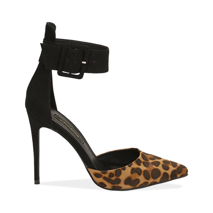 D&eacute;collet&eacute; leopard in microfibra con cinturino alla caviglia, tacco 11 cm , Scarpe, 142182591MFLEOP035