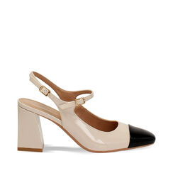 Décolleté slingback donna beige-nere in vernice, tacco largo 7,5 cm, Primadonna, 254943780VEBENE035, 001a