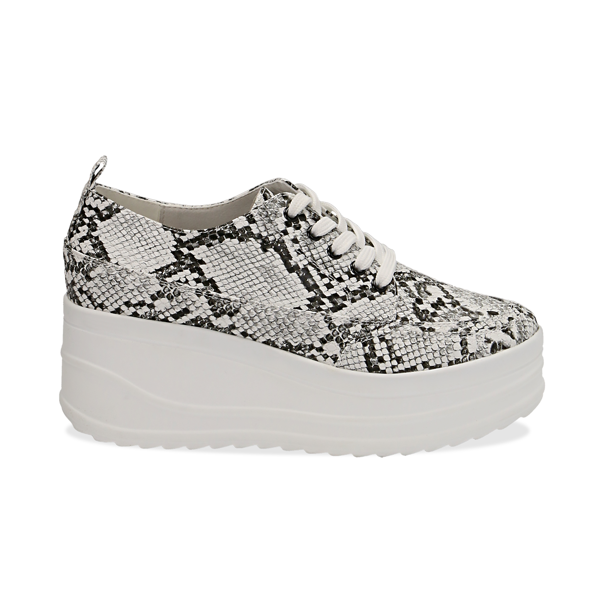 Sneakers da donna bianche e nere in eco-pelle effetto snake skin, zeppa 6  cm | Primadonna Collection