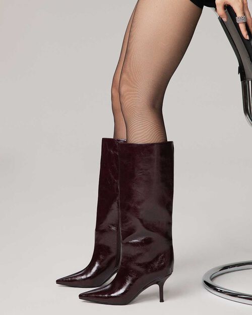 Stivali bordeaux lucidi tacco 7,5 cm, BURGUNDY