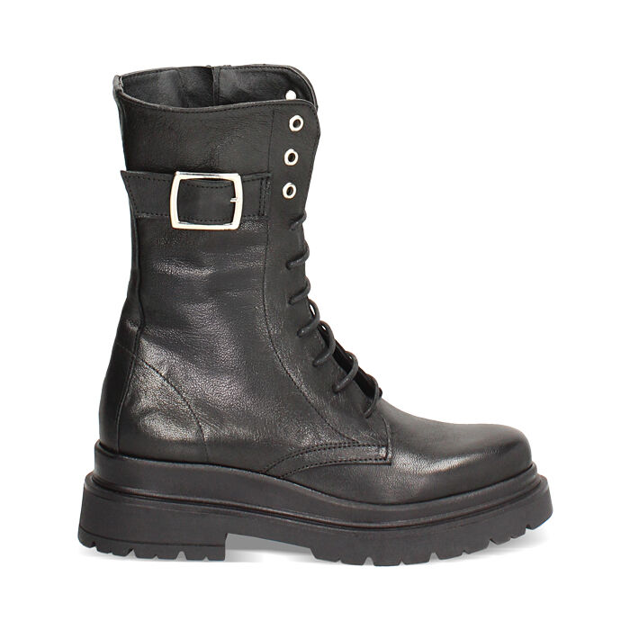 Bottines à lacets pour femme en cuir lavé noir, Primadonna, 261050504PANERO036