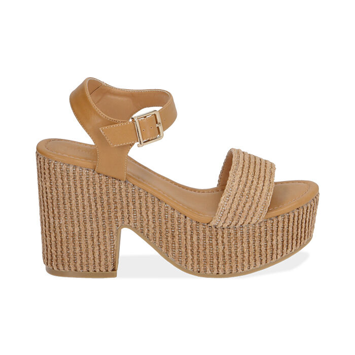 Sandalias coñac en rafia, tacón-cuña 10,5 cm | Primadonna Collection