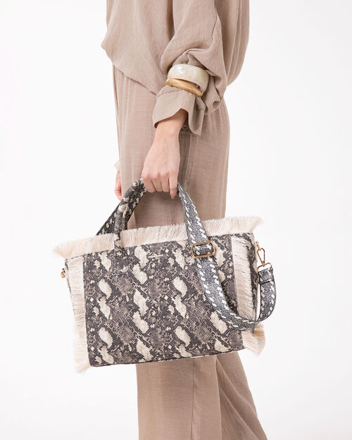 Borsa canvas pitone nero-beige con tasche, MULTI COLOR