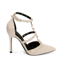 Décolleté borchiate panna in vernice, tacco 10,5 cm, Primadonna, 222186107VEPANN035, 001a