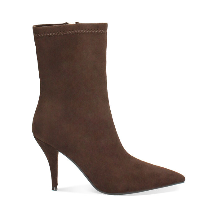 Botines en microfibra marrón oscuro con tacón de 9 cm, Primadonna, 262744605MFMORO035