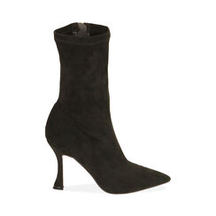 Ankle boots neri in microfibra, tacco sagomato 9,5 cm, Primadonna, 202188214MFNERO037, 001 preview