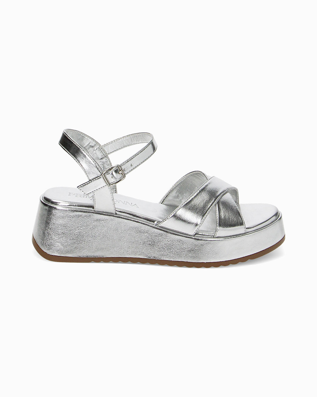 Sandali argento in laminato, zeppa 5,5 cm