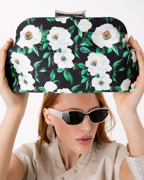 Pochette nera e bianca a fiori con tracolla removibile, MULTI COLOR