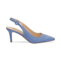 Décolleté Slingback azzurre in microfibra, tacco 7 cm,