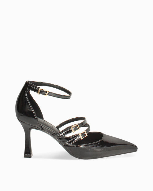 D&eacute;collet&eacute; nere con cinturini dorati tacco 7,6 cm, BLACK