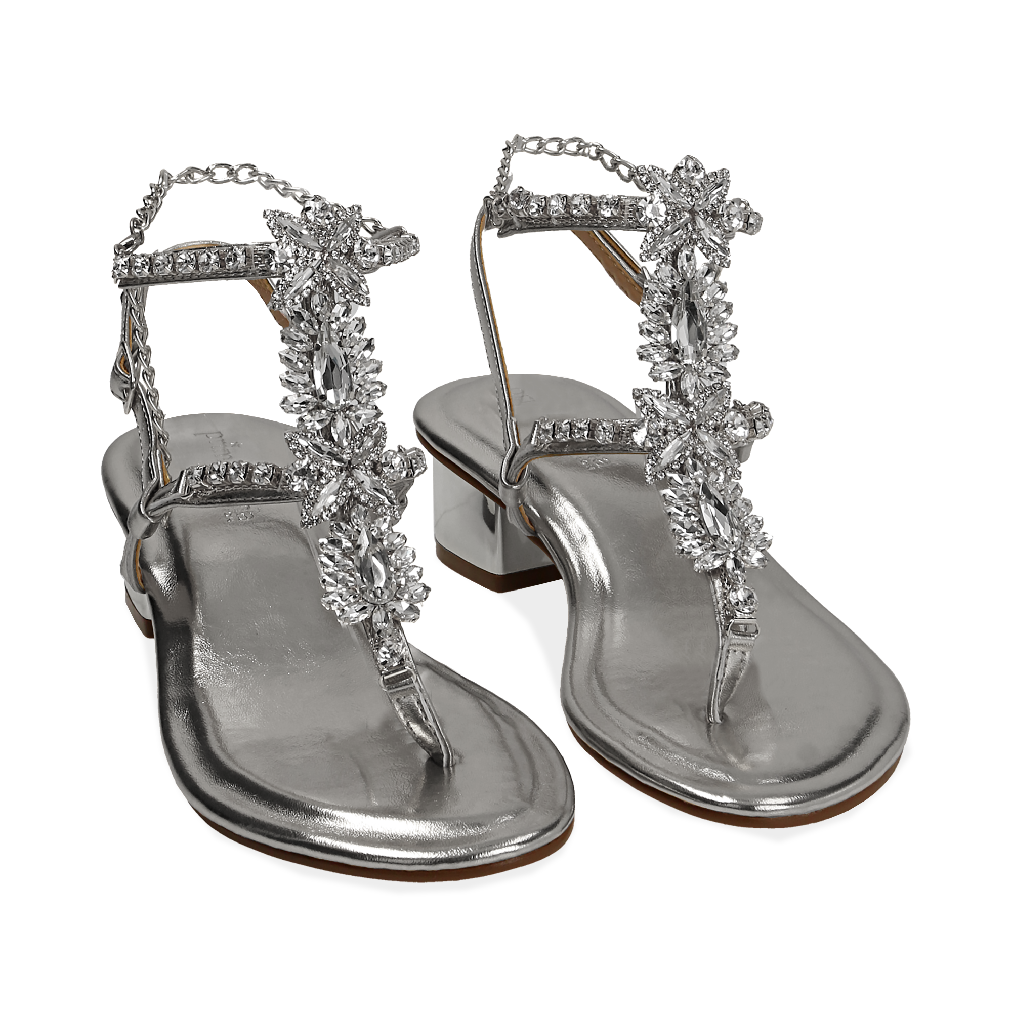 Sandalias en eco-piel laminada con pedrería color plateado, tacón 3,5 cm |  Primadonna Collection