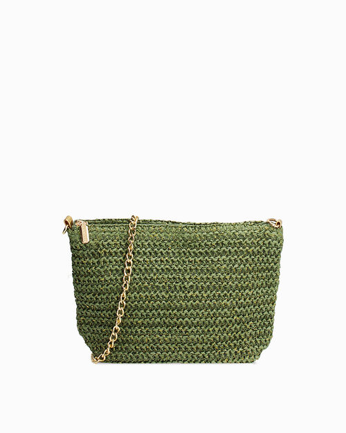 Pochette rafia verde con tracolla removibile, GREEN