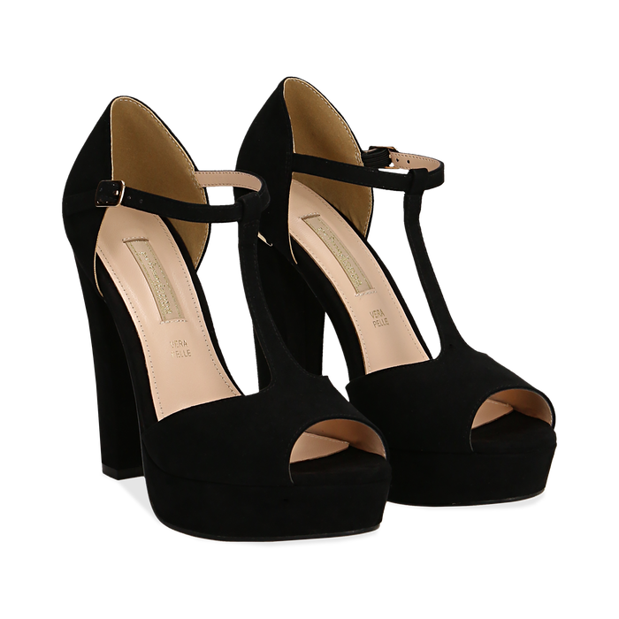 Décolleté open-toe nere in microfibra con plateau, tacco ...