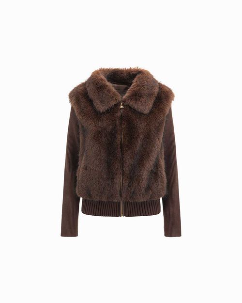 Chaqueta de pelo sint&eacute;tico marr&oacute;n oscuro con cremallera, DK BROWN