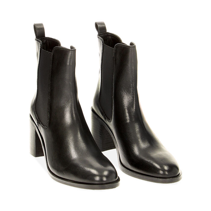 Bottines Chelsea noires en cuir, talon de 7,7 cm