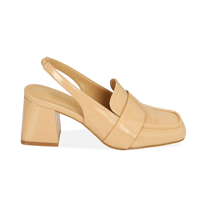 Mocassini donna slingback beige in naplack tacco 6 5 cm