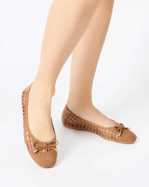 Ballerine cognac con intreccio elegante, COGNAC