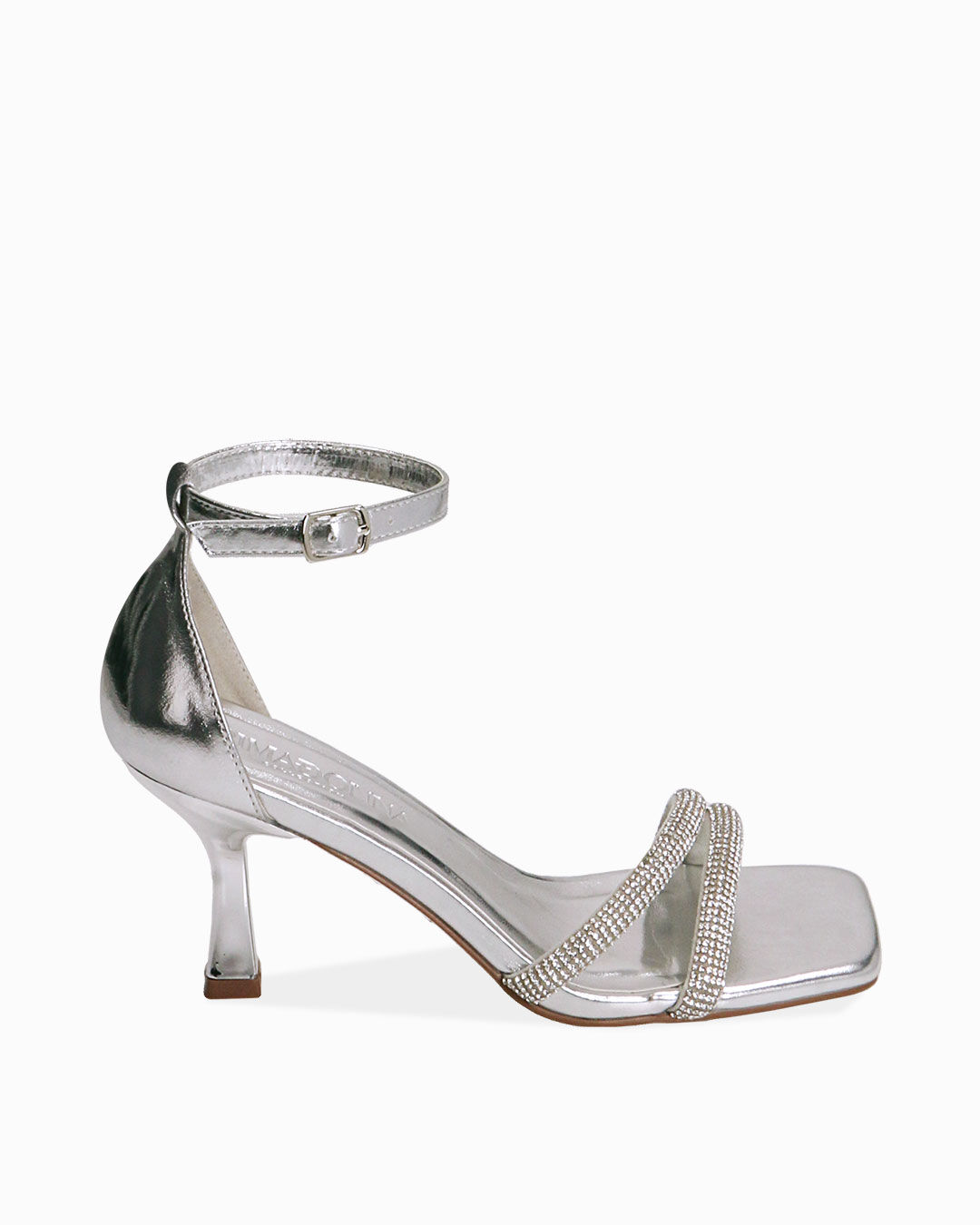 Sandalo donna argento in laminato con pietre, tacco 7,5 cm