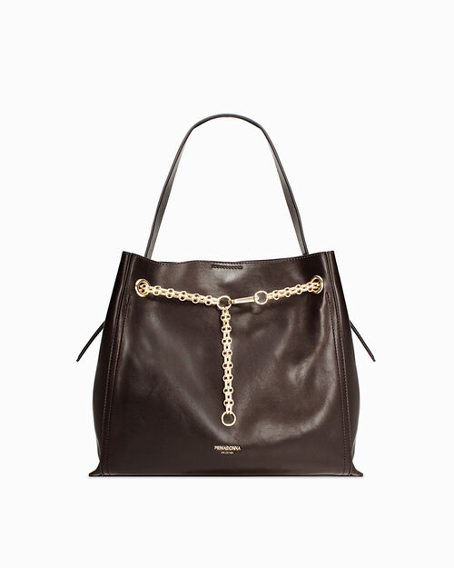 Bolso de mano marr&oacute;n oscuro con cadena dorada, DK BROWN