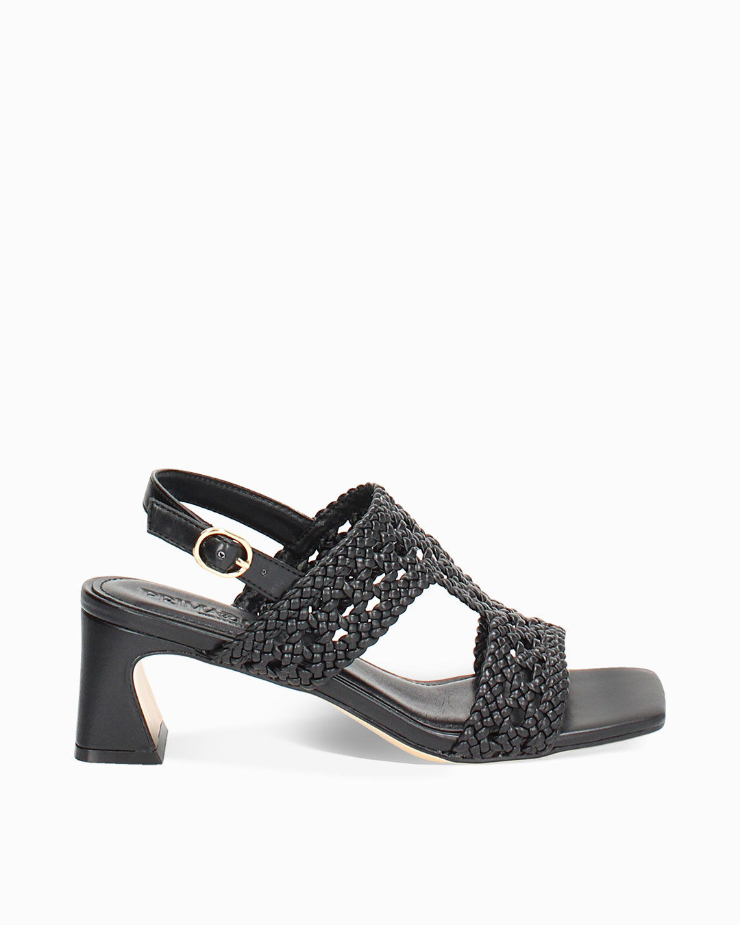 Sandalo donna nero intrecciato, tacco 5,5 cm