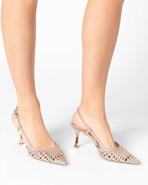 D&eacute;collet&eacute; slingback donna oro intrecciate, tacco 7,5 cm, GOLD