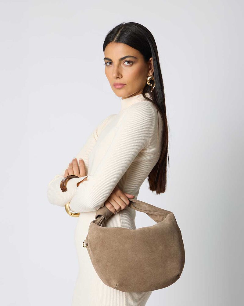 Borsa a mano donna taupe tonda in camoscio image number null