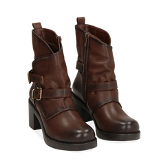 Biker boots cuoio con fibbie in eco-pelle, tacco 7 cm , Scarpe, 143091353EPCUOI036, 002 preview