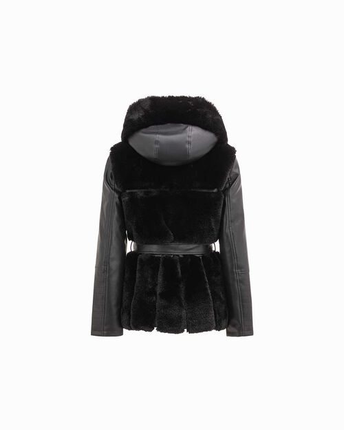 Veste noire en fourrure synth&eacute;tique avec ceinture, BLACK
