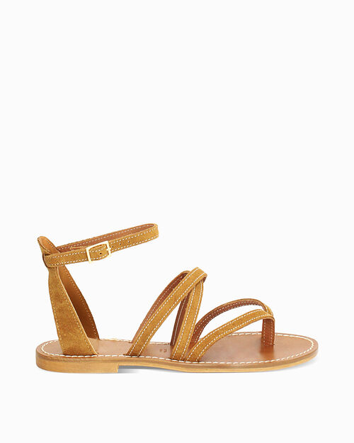 Sandali multi-fasce in camoscio cognac, COGNAC