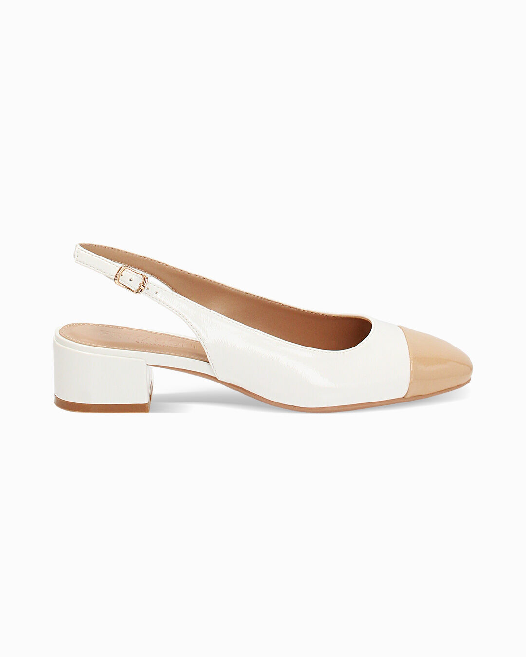 Décolleté slingback donna bianche-camel basse in vernice, tacco 4 cm