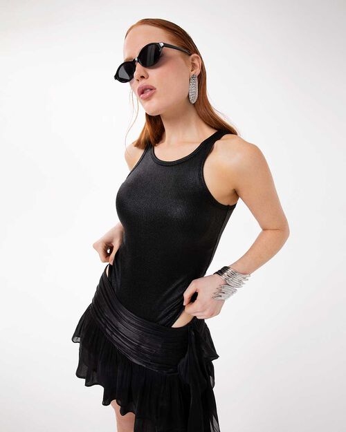 Camiseta sin mangas negra con estilo urban chic, BLACK