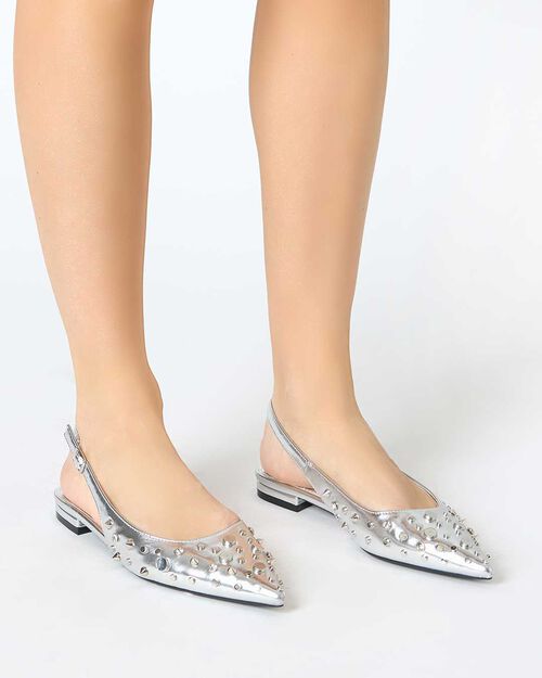Ballerine slingback donna argento con borchie, SILVER