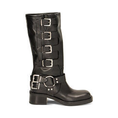 Botas biker negras con hebillas negras  de cuero, Primadonna, 22A507775PENERO035, 001a