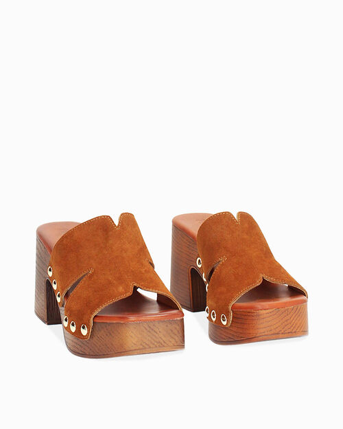 WOMEN SHOES CLOG SUEDE COGN, COGNAC