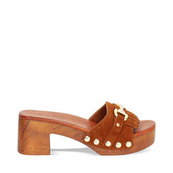 Zoccoli da donna con morsetto color cognac, in camoscio, Primadonna, 254990301CMCOGN035, 001a