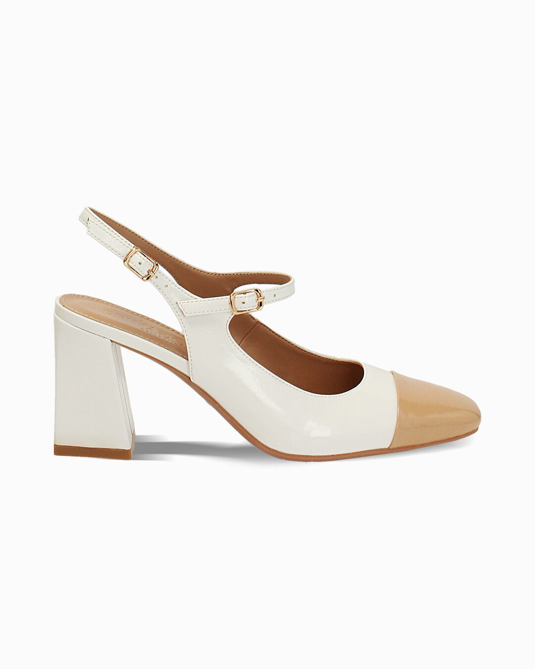 Décolleté slingback donna bianche-camel in vernice, tacco largo 7,5 cm