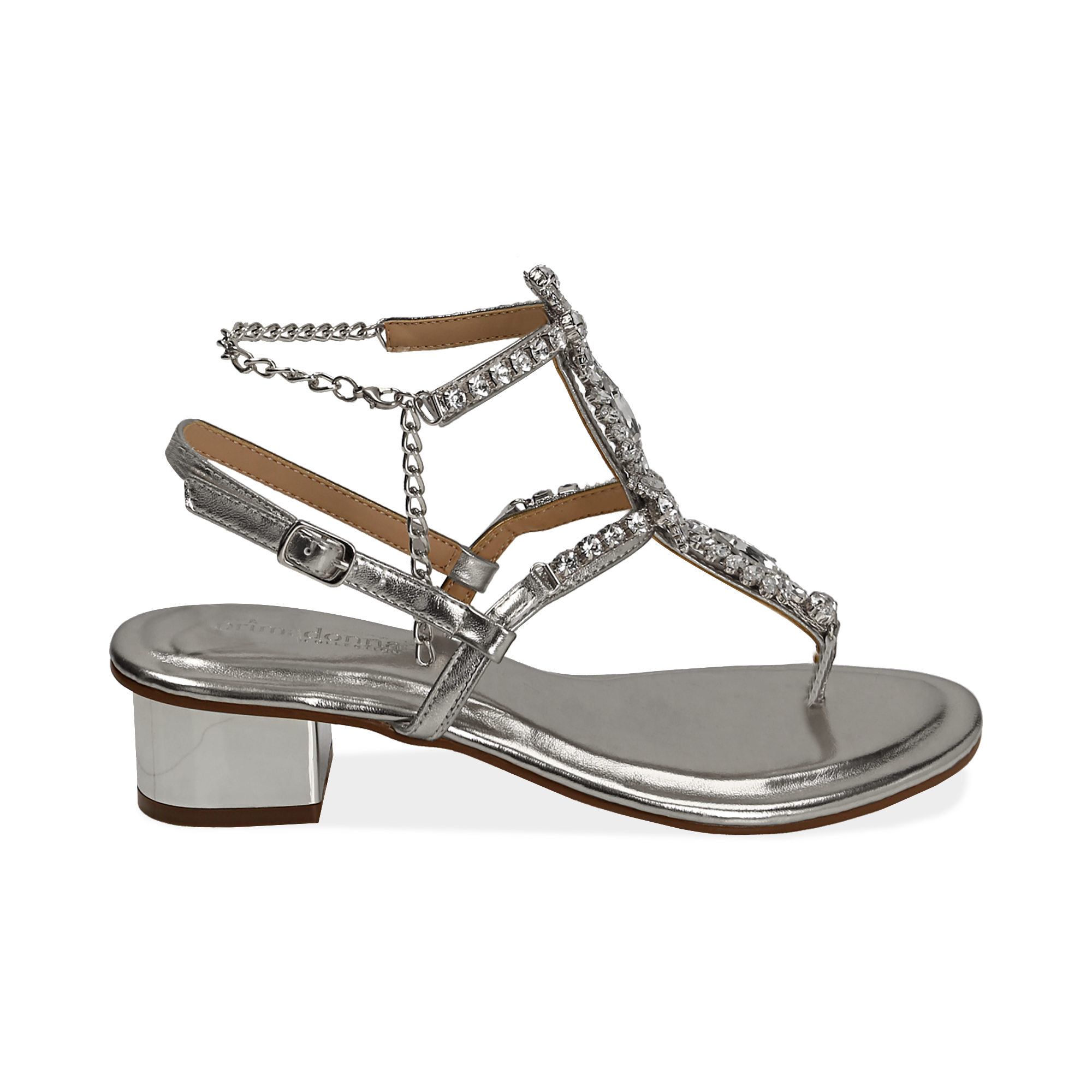 Sandali argento in eco-pelle laminata con pietre, tacco 3,5 cm | Primadonna  Collection