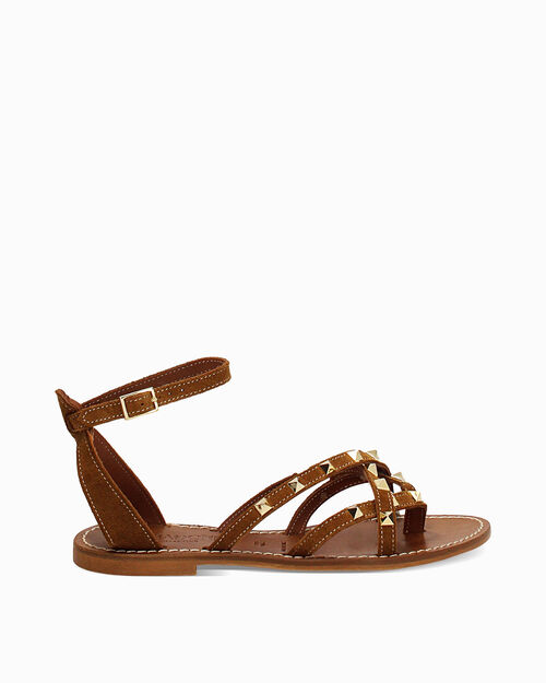 Sandali in camoscio con mini-borchie cognac, COGNAC
