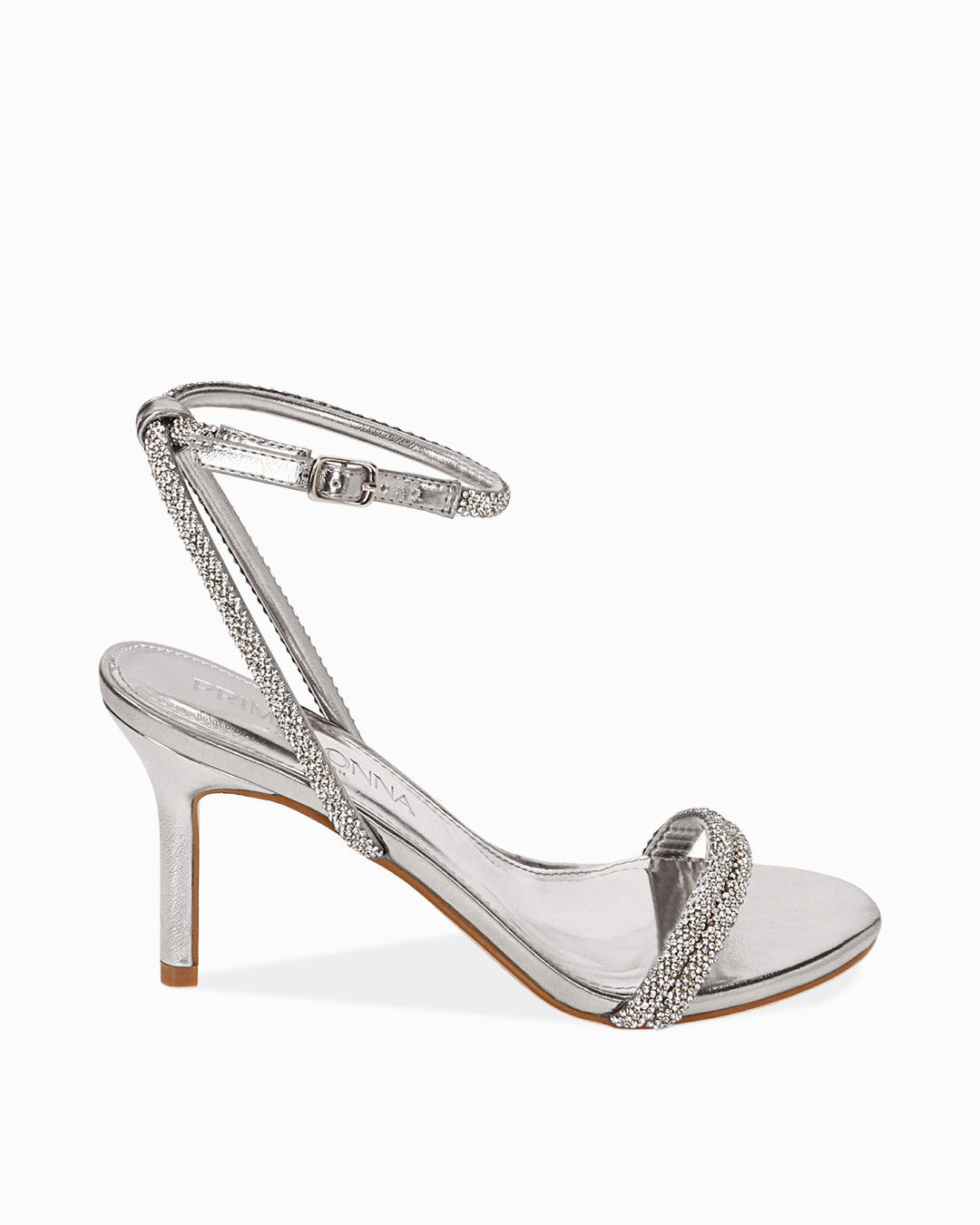 Sandali argento in laminato con pietre, tacco 8,5 cm