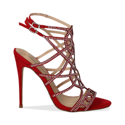 Sandali rossi in microfibra e mini-strass, tacco stiletto 12 cm,
