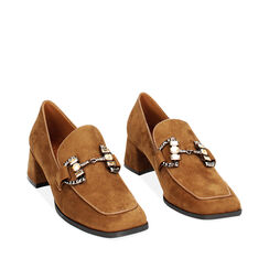 Mocassino cognac in microfibra, tacco largo 4,8 cm, Primadonna, 244937126MFCOGN036, 002a