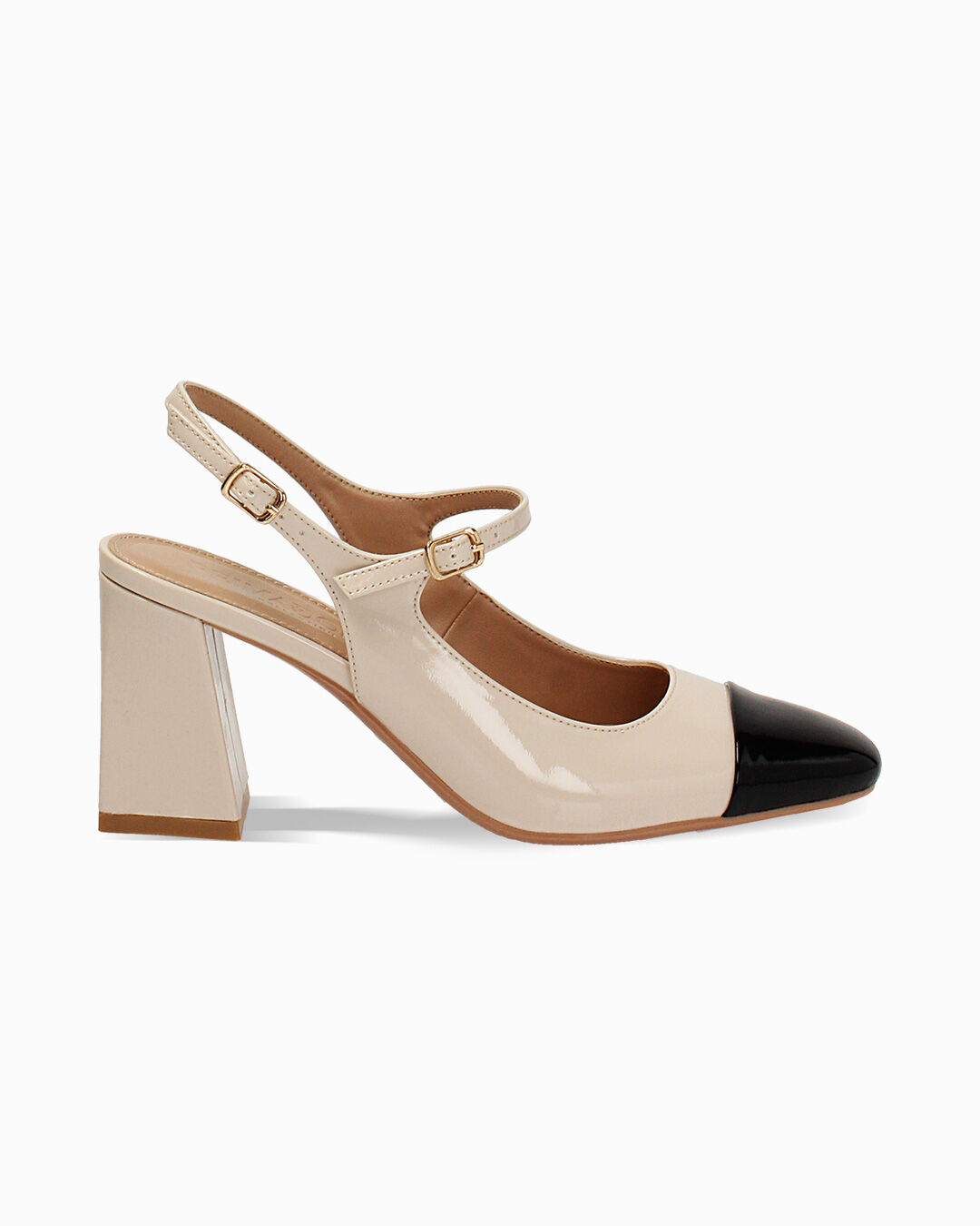 Décolleté slingback donna beige-nere in vernice, tacco largo 7,5 cm