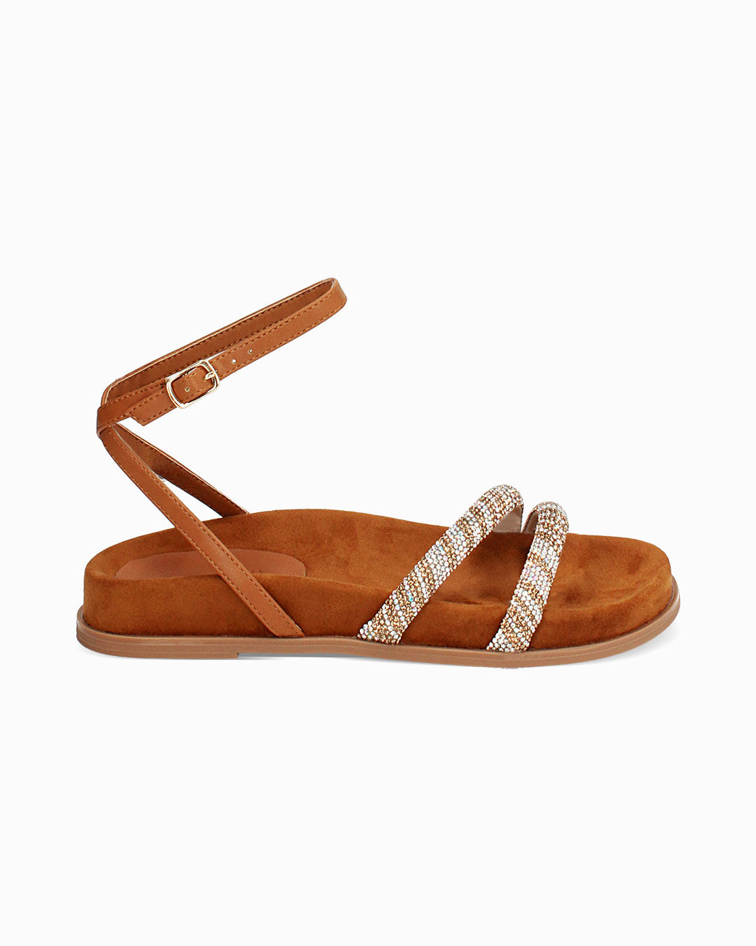 Sandali bassi donna cognac in microfibra e pietre