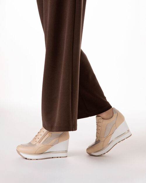 Sneakers beige con tacco 8 cm, BEIGE