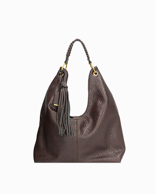 Bolso de hombro marr&oacute;n oscuro con borlas decorativas