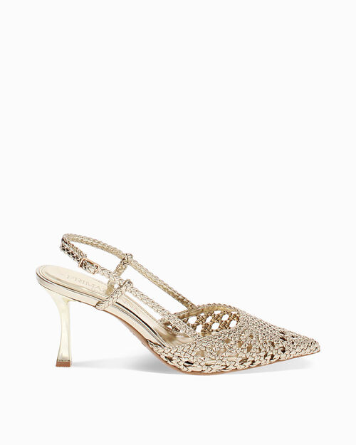 D&eacute;collet&eacute; slingback donna oro intrecciate, tacco 7,5 cm, GOLD