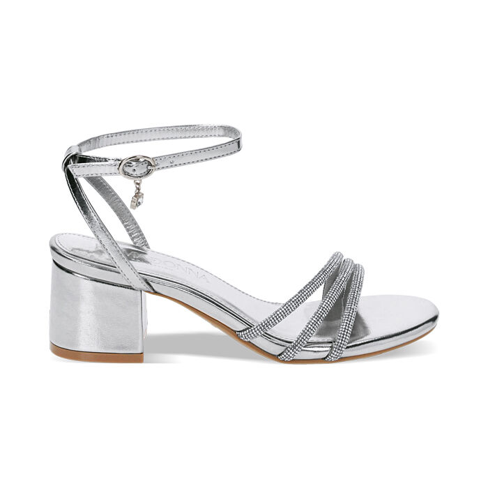 Sandali argento in laminato con pietre, tacco 5,5 cm, Primadonna, 232770377LPARGE035
