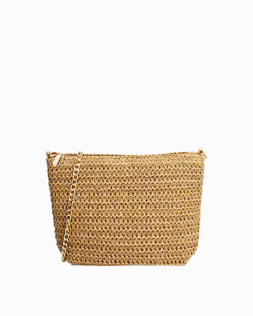 Pochette rafia beige con tracolla removibile, BEIGE