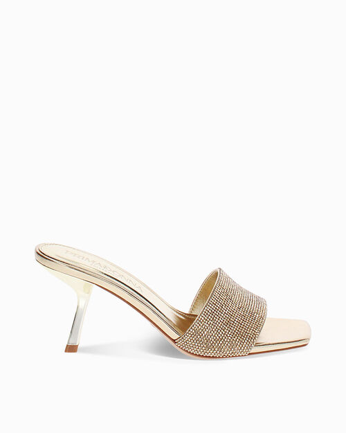 Mules open toe donna oro in laminato e pietre, tacco 7,5 cm, GOLD