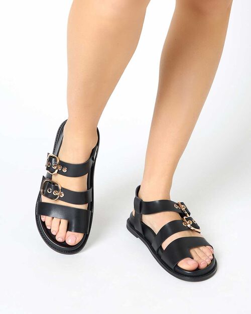 Sandali bassi donna neri in pelle, 